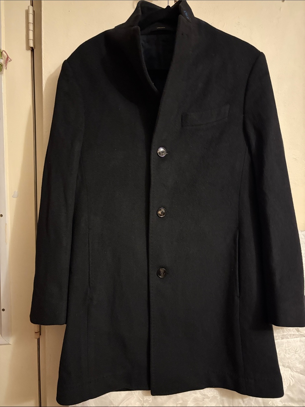 Massimo Dutti Men's Black Wool Blend Pea Coat with Stand Collar. Cashmere   Wool